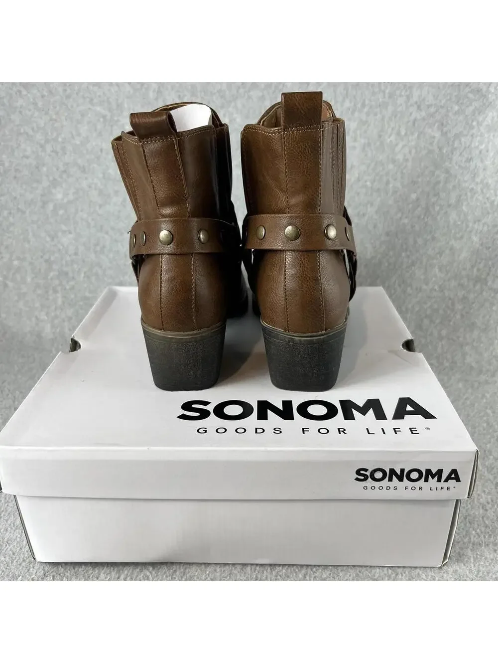 Sonoma Western Ankle Boots Womens Size 6.5 Block Heel Brown Faux Leather New